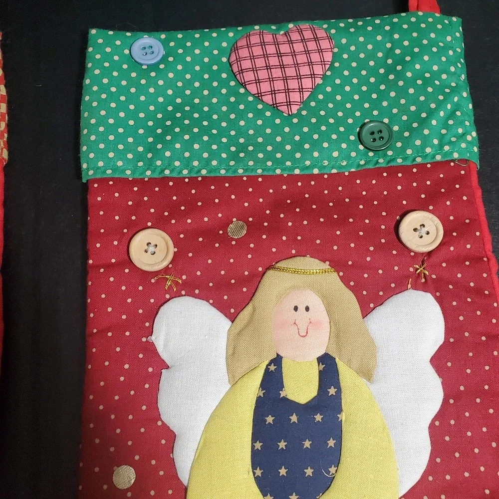 Matching Pair Vintage GANZ Snowman & Angel Patchwork Christmas Stocking Set 15